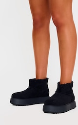 Black Faux Suede Round Toe Thick Flat Sole Ankle Boots