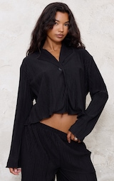 Black Textured Pleated  Button Front Shirt