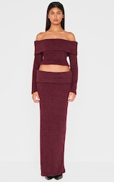 Burgundy Textured Soft Rib Fold Over Mid Rise Maxi Skirt