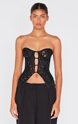 Black Textured Sheer Floral Split Hem Corset