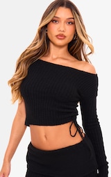 Black Ribbed Knit One Sleeve Ruched Side Top