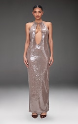 Light Nude Sequin High Neck Plunge Maxi Dress