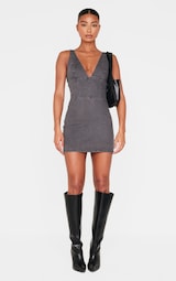 Washed Grey Plunge Corset Style Denim Mini Dress