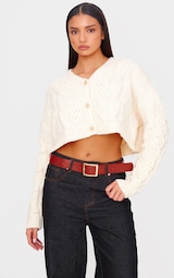 Cream Textured Cable Knit Cropped Cardigan