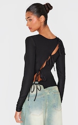 Black Slinky Tie Back Detail Long Sleeve Top