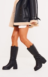 Black Faux Leather Square Toe Buckle Chunky Heeled Thigh High Boots