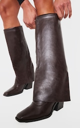 Brown Pu Square Toe Fold Over Mid Block Heel Knee High Boots