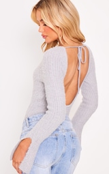 Grey Eyelash Knit Open Back Bodysuit