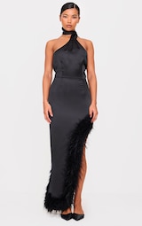 Black Satin High Neck Feather Trim Maxi Dress