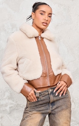 Cream Plush Faux Fur Contrast Faux Leather Zip Up Jacket