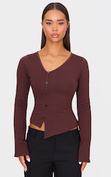 Chocolate Asymmetric Button Down Detail Long Sleeve Top