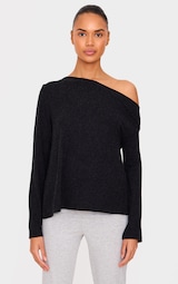 Black Slouchy Asymmetric Shoulder Long Sleeve Top