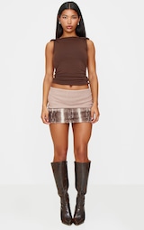 Brown Faux Fur Trim Wool Look Micro Mini Skirt