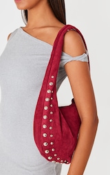 Burgundy Faux Suede Studded Shoulder Bag