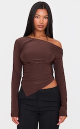 Chocolate Soft Touch Asymmetric Ruched Long Sleeve Top