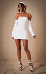 Premium White Woven Bandeau Boned Mini Dress