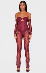 Burgundy Lace Corset Detail Bardot Jumpsuit