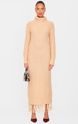  Cappuccino Chunky Knitted Fringe Hem Roll Neck Maxi Dress