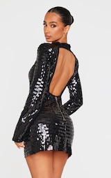 Petite Black Sequin Shoulder Pad Micro Mini Dress