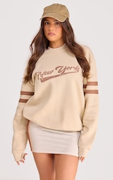 PRETTYLITTLETHING Cream New York Varsity Print Sweatshirt