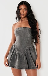 Washed Grey Lace Up Back Denim Puffball Dress