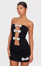 Black Diamante Bow Detail Strapless Denim Top