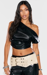 Black Faux Leather Ruched One Shoulder Asymmetric Crop Top