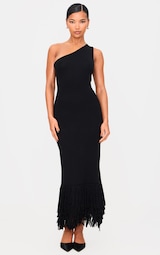 Black Fine Knit Fringe Hem One Shoulder Maxi Dress