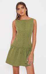 Khaki Button Down Scoop Back Shift Dress