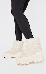 Cream Borg Round Toe Chunky Sole Ankle Boots