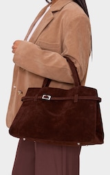 Chocolate Faux Suede Buckle Square Tote Bag