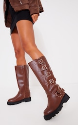 Brown Wide Fit PU  Round Toe Multi Buckle Calf High Boots 