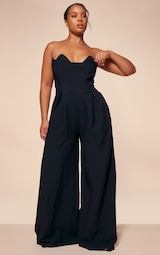 PLT Label Plus Black Corset Bust Detail Wide Leg Tailored Jumpsuit