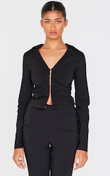 Black Stretch Woven Ruched Plunge Shirt