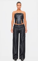 Black Coated Denim Lace Up Wide Leg Jean