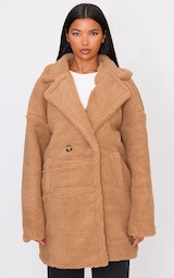 Camel Borg Lapel Drop Arm Midi Coat