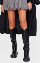 Black Pu Round Toe Knee High Flat Boots