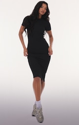 Black Ribbed Short Sleeve Crew Neck Midi Dress