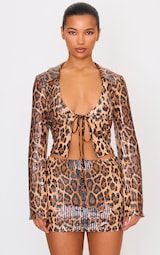 Brown Leopard Print Sequin Tie Front Detail Long Sleeve Shirt