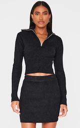 Black Soft Knit Zip Up Roll Neck Cropped Jumper