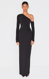  Black Double Slinky Asymmetric Neck Long Sleeve Maxi Dress