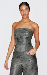 Tall Washed Grey Faux Leather Lace Up Detail Corset Top