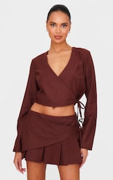 Chocolate Brushed Woven Tailored Wrap Tie Top