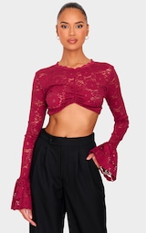  Burgundy Lace Extreme Crop Long Sleeved Top