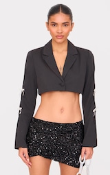 Black Rhinestone Bow Detail Cropped Blazer