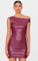 Burgundy Asymmetric Off Shoulder Faux Leather Mini Dress