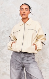 Cream Faux Leather Bow Sleeve Detail Oversized Jacket