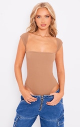 Toffee Contour Rib Cut Out Short Sleeve Bodysuit