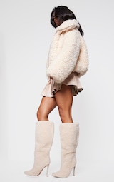 Cream Borg Point Toe High Stiletto Knee High Boots