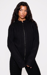 Black Cable Knit Collar Detail Zip Up Cardigan